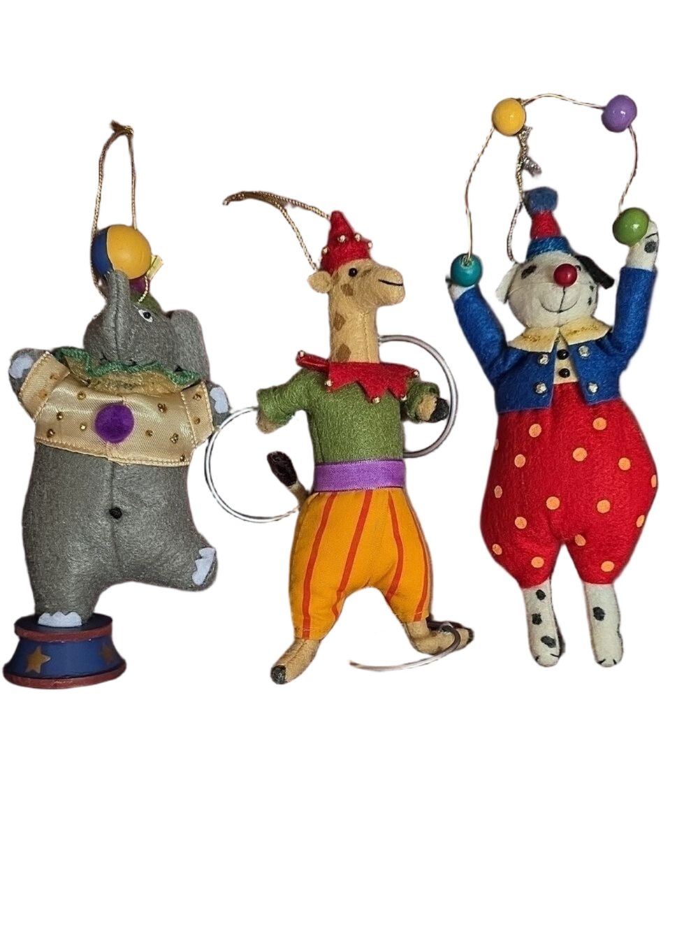 Vintage Heart Felts Circus Series Ornaments (3 total) - Elephant Giraffe Dog